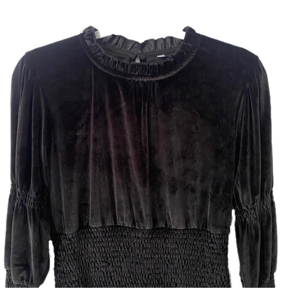 French Connection Little Black Velvet Dress Ruffle Long Sleeve Stretch Mini M - Picture 3 of 10
